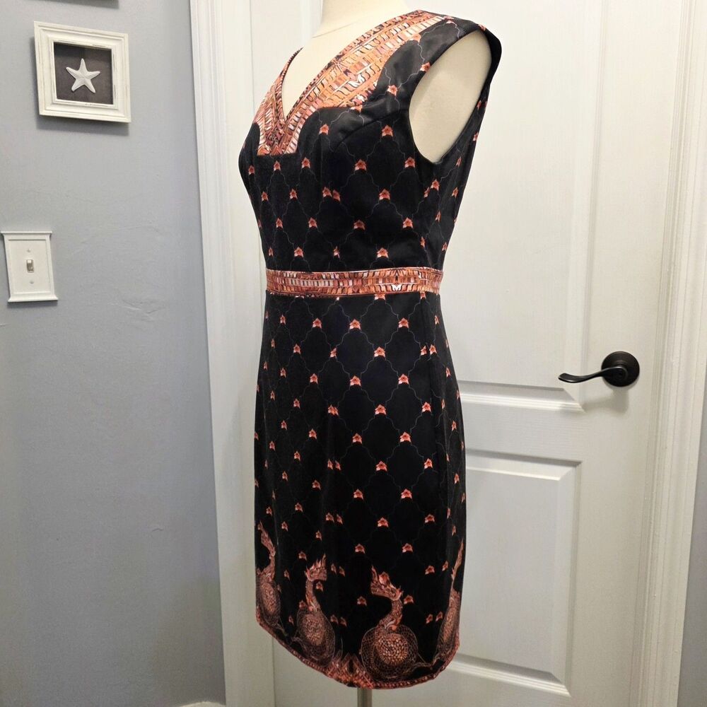 Mackenzie Mode Lined Dress Asian Dragons Print Floral Sheath Sleeveless Womens 8 - Picture 2 of 9